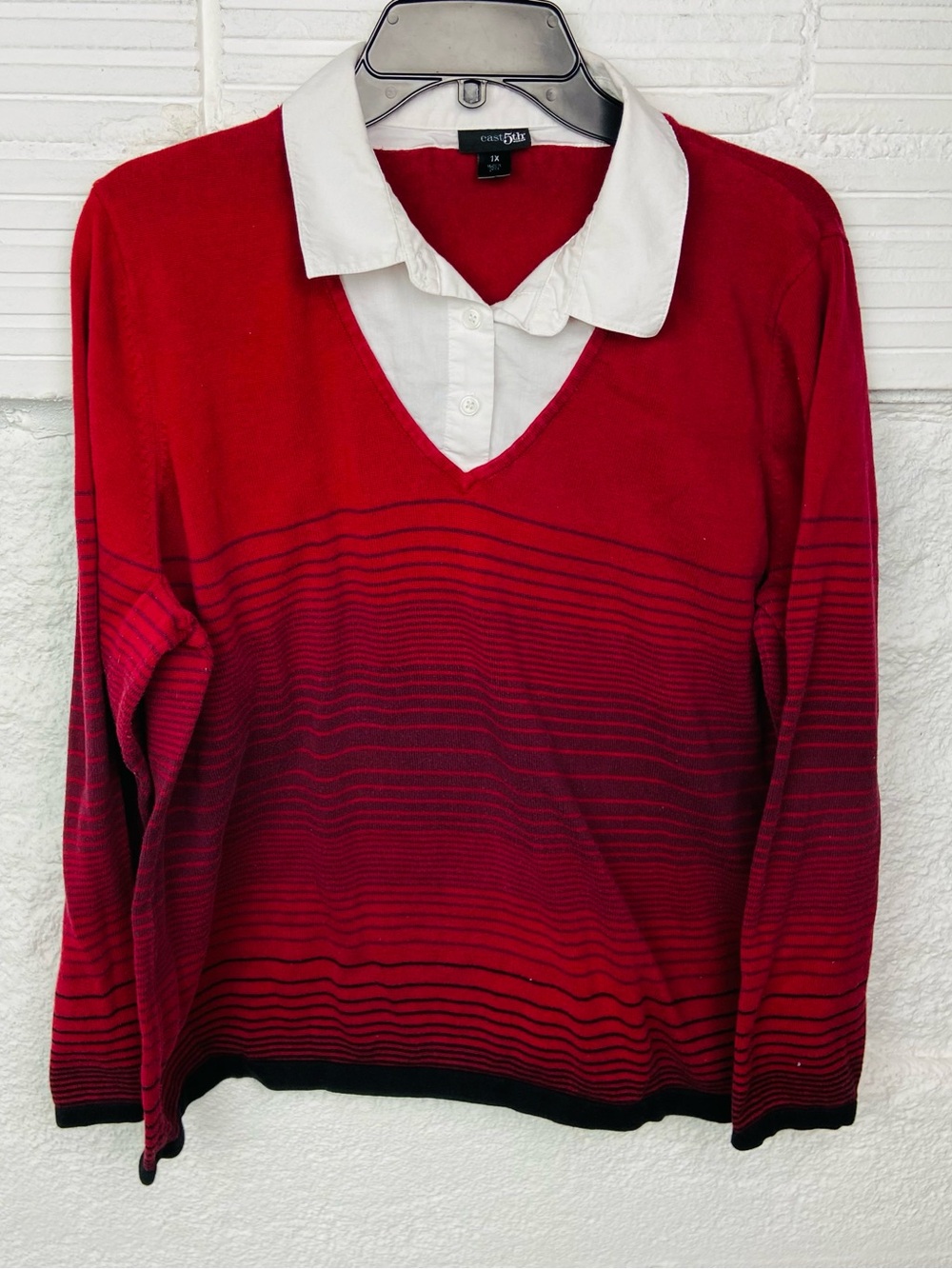 East 5th Red V-Neck striped Sweater with Built-In White Faux Collar size 1X